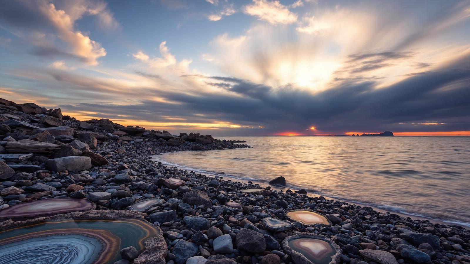 Rocky Lake Superior shoreline at sunset near Grand Marais
